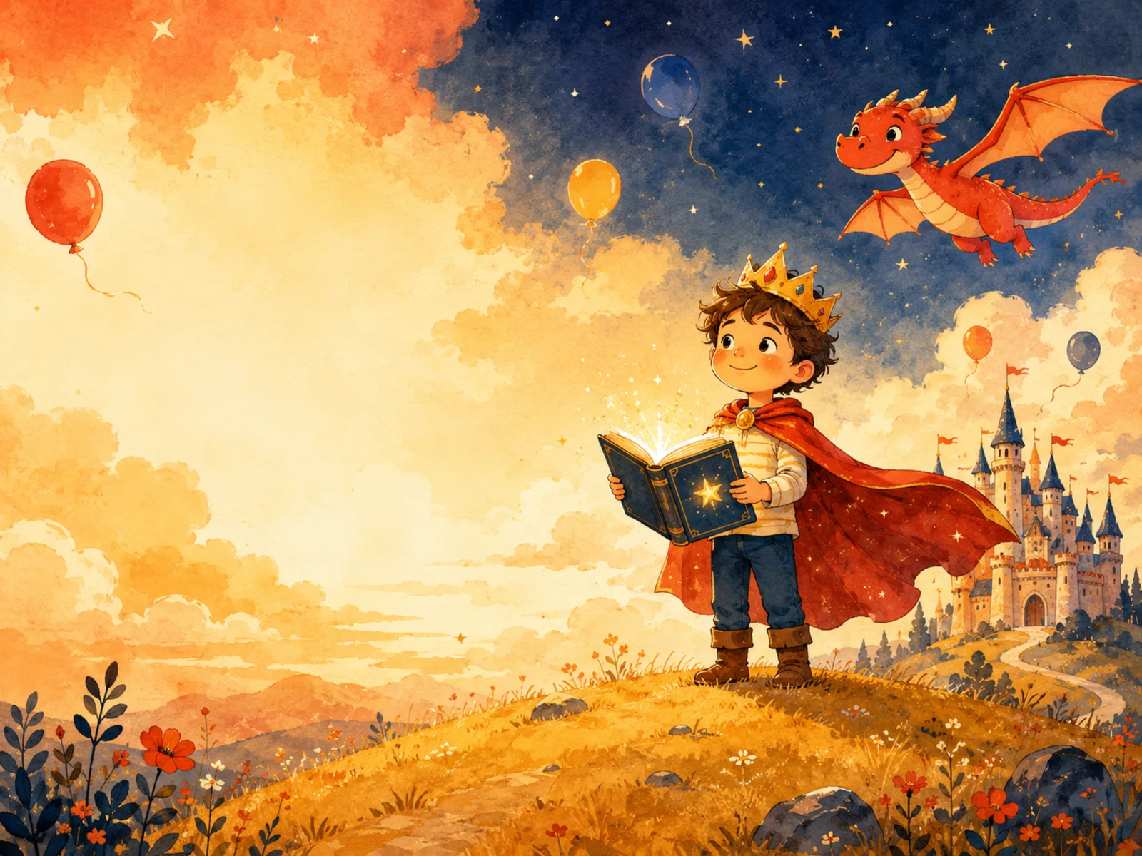 生日冒险主视觉:戴皇冠的孩子捧着发光的星星之书,身后是城堡与红龙
